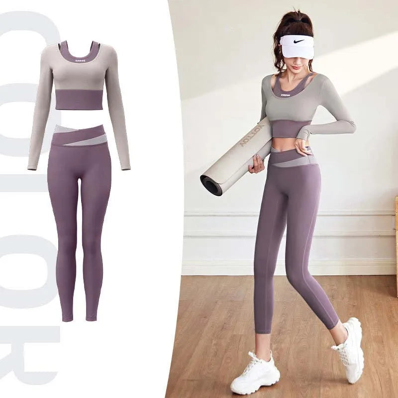 Women's Yoga Set Long Sleeve Gym Crop Top High Waist Leggings Quick Dry Breathable Pilates Fitness Sports Wear