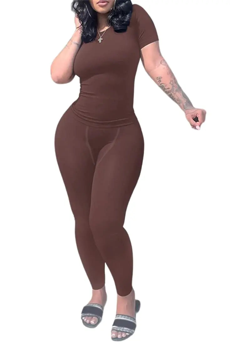 Women's Ribbed Lounge Wear 2 Piece Set Casual Summer Outfit Sleeve Top with Elastic Leggings Junior Size Eye Catching Solid Color