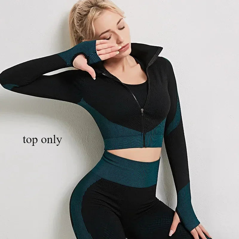 Women's Yoga Set for Gym Fitness Outfit with Zipper Long Sleeve Crop Bra Top and Leggings Separately Sold