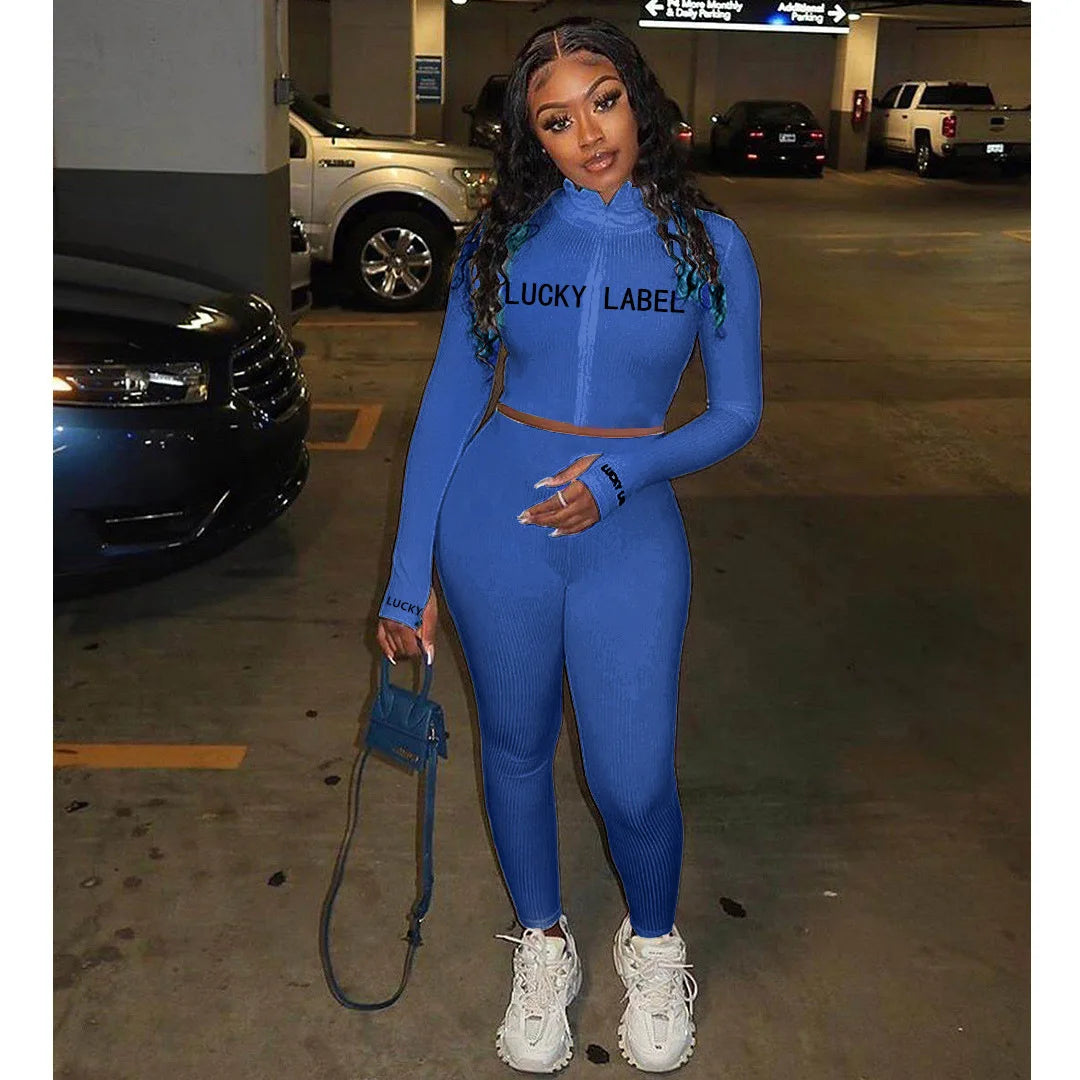 Women's High-Necked 2-Piece Sport Suit with Embroidered Letters And Zipper Casual Polyester Pant Set