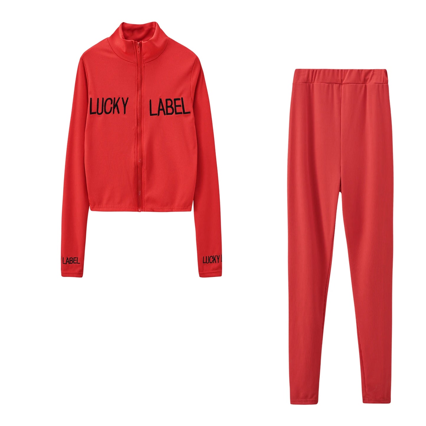 Women's High-Necked 2-Piece Sport Suit with Embroidered Letters And Zipper Casual Polyester Pant Set