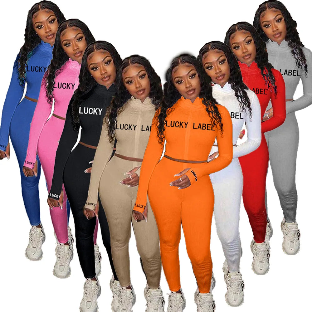 Women's High-Necked 2-Piece Sport Suit with Embroidered Letters And Zipper Casual Polyester Pant Set