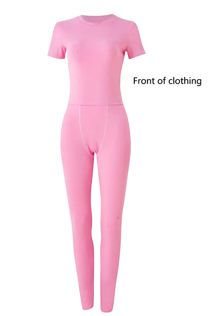 Women's Ribbed Lounge Wear 2 Piece Set Casual Summer Outfit Sleeve Top with Elastic Leggings Junior Size Eye Catching Solid Color