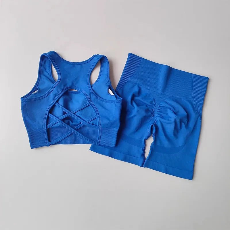 2 PCS Women's Seamless Yoga Set High-Waist Sports Shorts Sleeveless Workout Suit Fitness Gym Wear Sexy Breathable Quick Dry