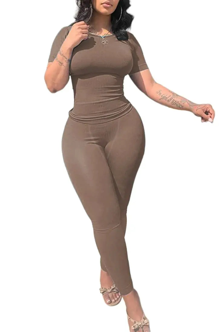 Women's Ribbed Lounge Wear 2 Piece Set Casual Summer Outfit Sleeve Top with Elastic Leggings Junior Size Eye Catching Solid Color