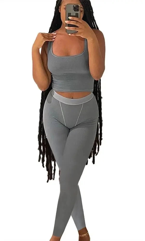 Women's Ribbed Lounge Wear 2 Piece Set Casual Summer Outfit Sleeve Top with Elastic Leggings Junior Size Eye Catching Solid Color