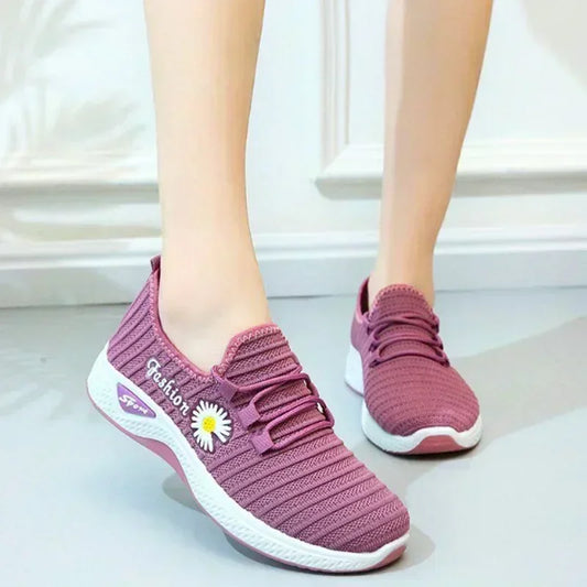 Women's Casual Sports Shoes Autumn Style Lace-Up True Fly Weaving Cloth Little Daisy Pattern Comfortable Walking Flats