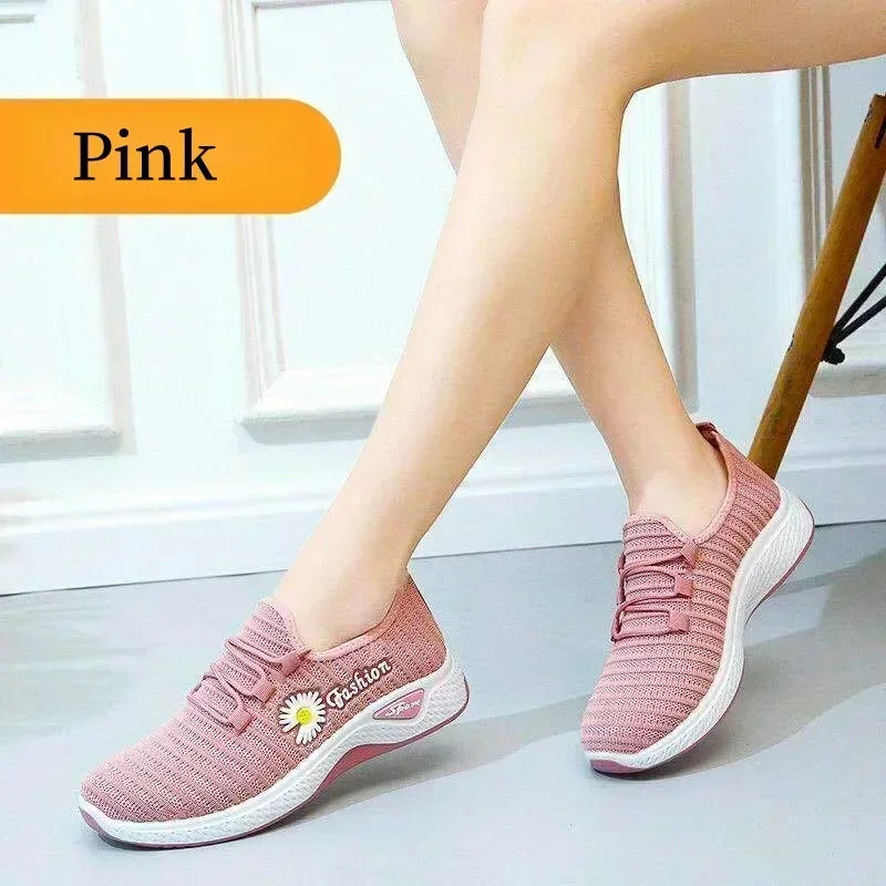 Women's Casual Sports Shoes Autumn Style Lace-Up True Fly Weaving Cloth Little Daisy Pattern Comfortable Walking Flats