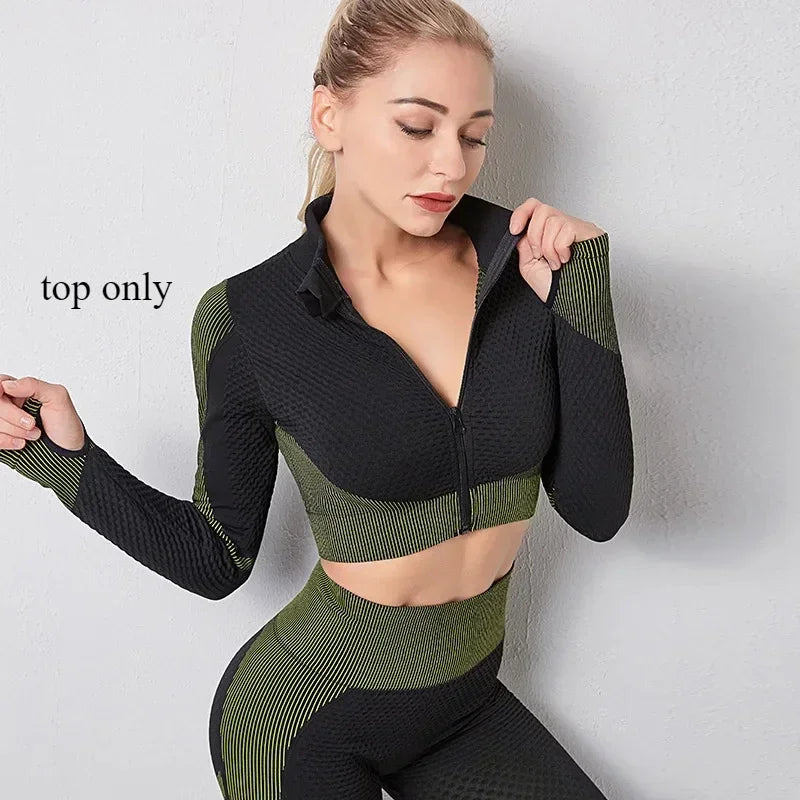 Women's Yoga Set for Gym Fitness Outfit with Zipper Long Sleeve Crop Bra Top and Leggings Separately Sold