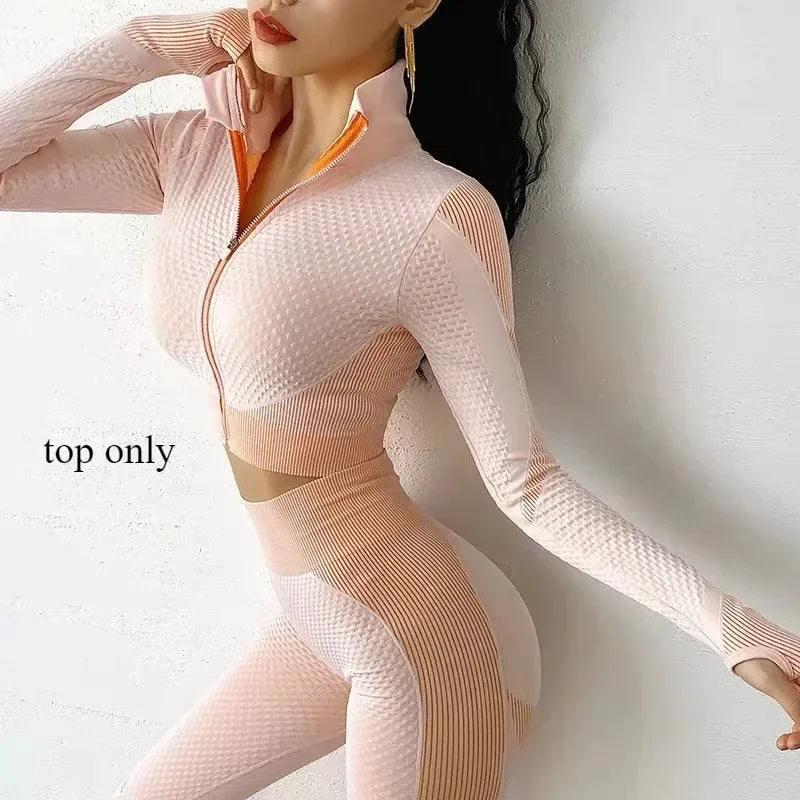 Women's Yoga Set for Gym Fitness Outfit with Zipper Long Sleeve Crop Bra Top and Leggings Separately Sold