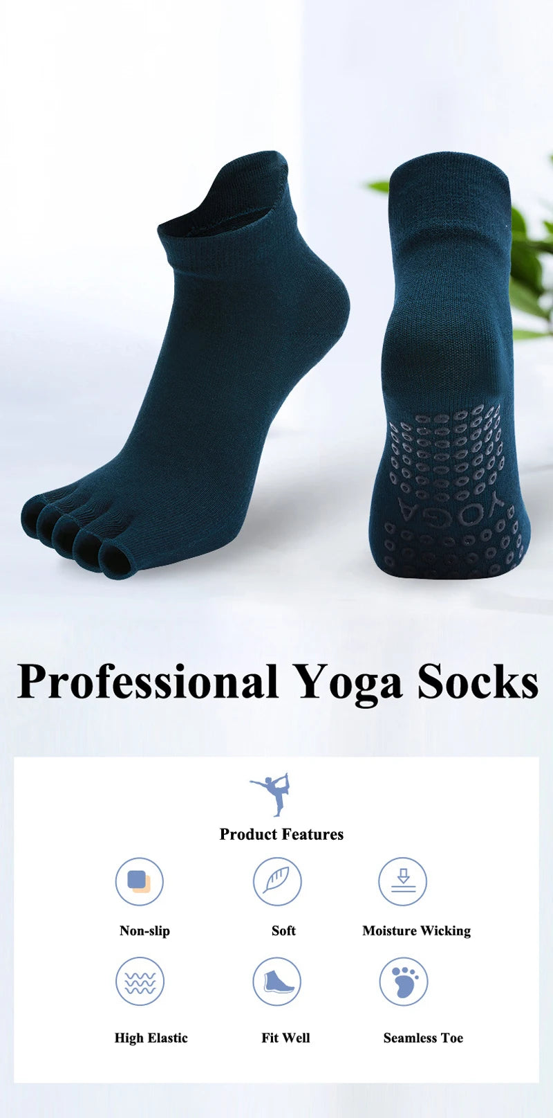 Breathable Cotton Yoga Socks with Anti-Slip Silicone Grip for Fitness Ballet Dance Gym Pilates Open Toe Five Finger Design