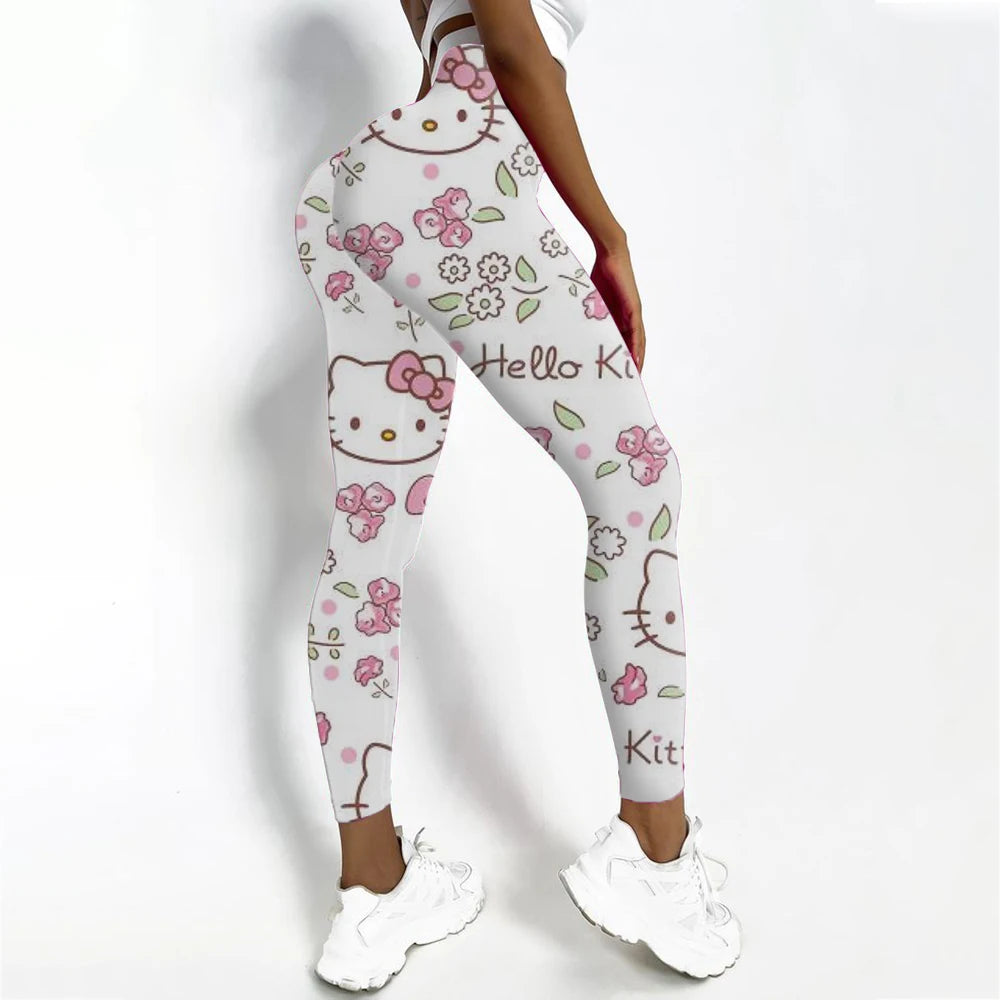 Women's Hello Kitty Print Sports Leggings Fitness Yoga Pants Stretchy Sexy Running Gym Tights Quick Dry Ankle-Length Casual