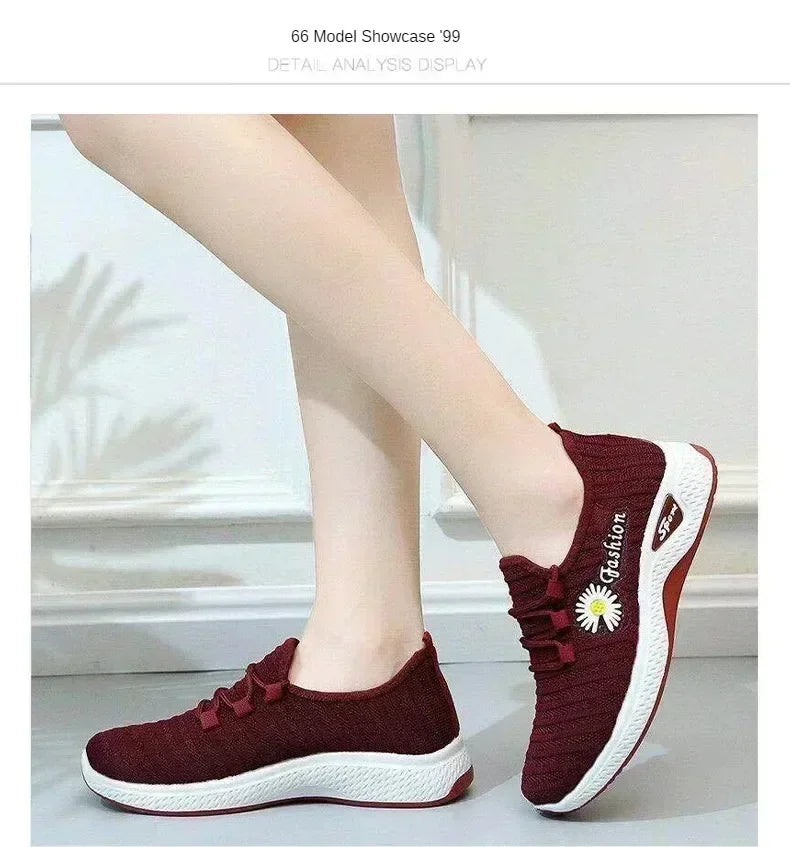 Women's Casual Sports Shoes Autumn Style Lace-Up True Fly Weaving Cloth Little Daisy Pattern Comfortable Walking Flats