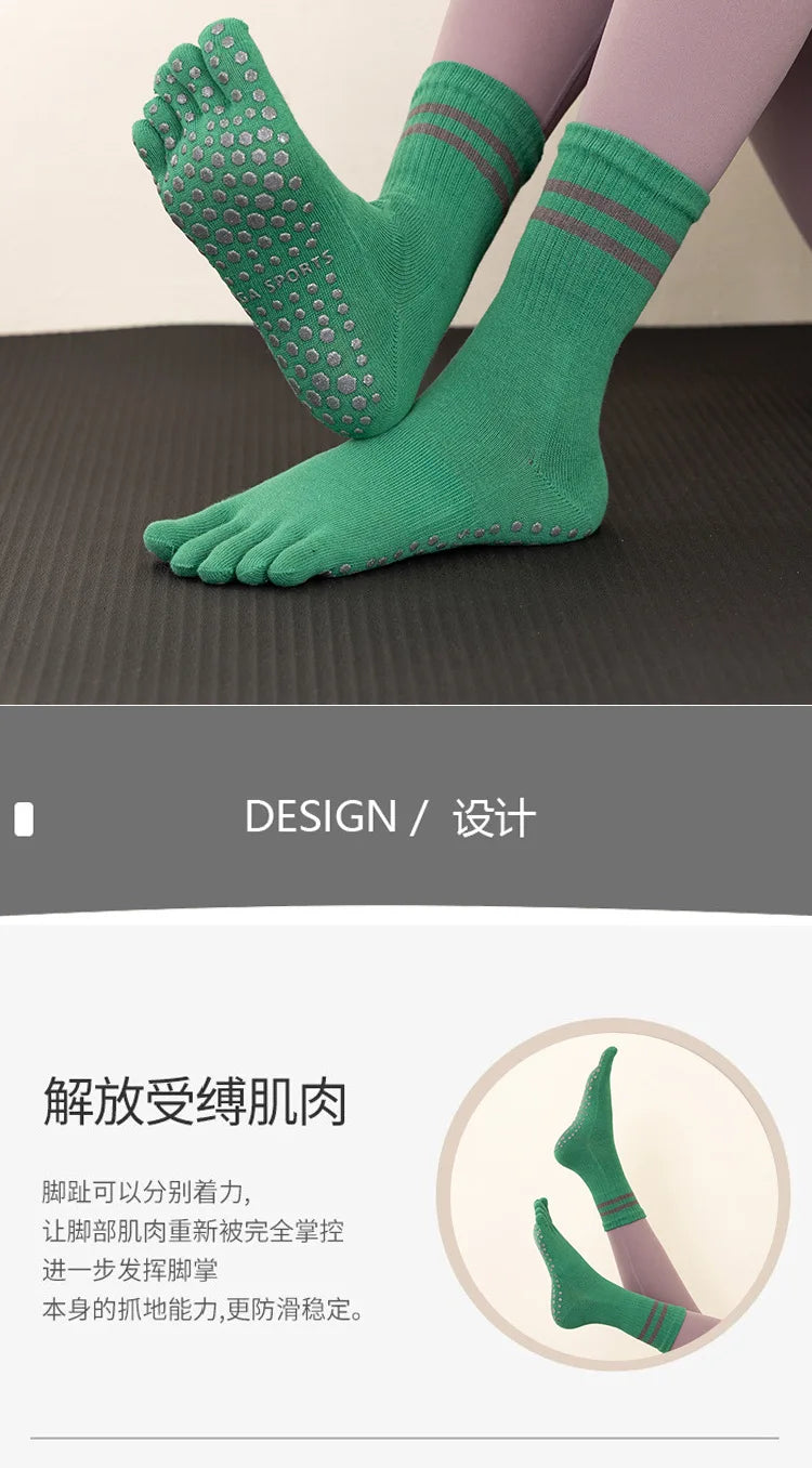 Five Toes Yoga Socks Women Casual Striped Indoor Floor Dance Sports Socks Cotton Breathable Non-slip Gym Fitness Pilates Socks