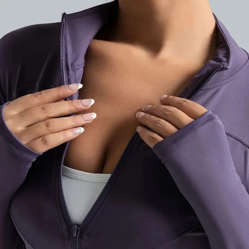 Women's Lightweight Stretchy Zip-Up Running Jacket Quick Dry Breathable Yoga Sportswear with Thumb Holes High Neck Fitness Clothes