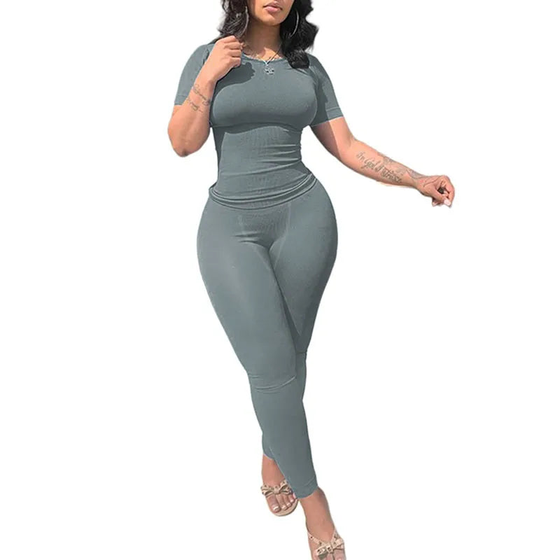 Women's Ribbed Lounge Wear 2 Piece Set Casual Summer Outfit Sleeve Top with Elastic Leggings Junior Size Eye Catching Solid Color