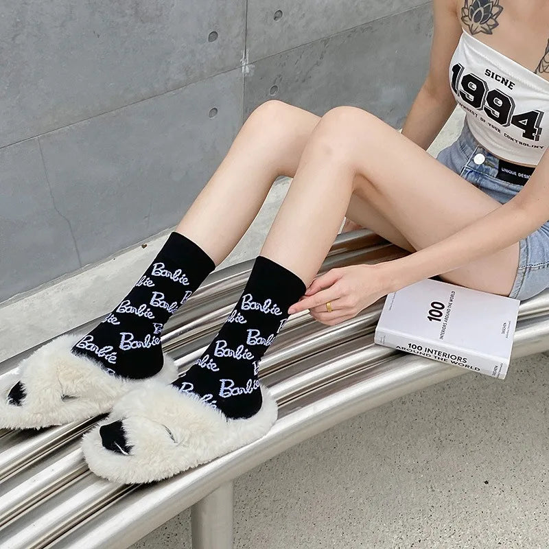 MINISO Barbie Alphabet Socks for Men Women Trendy All-Print Dopamine Sports Yoga Fitness Equipment Girls Fashion Items Keep Short Eye Catching