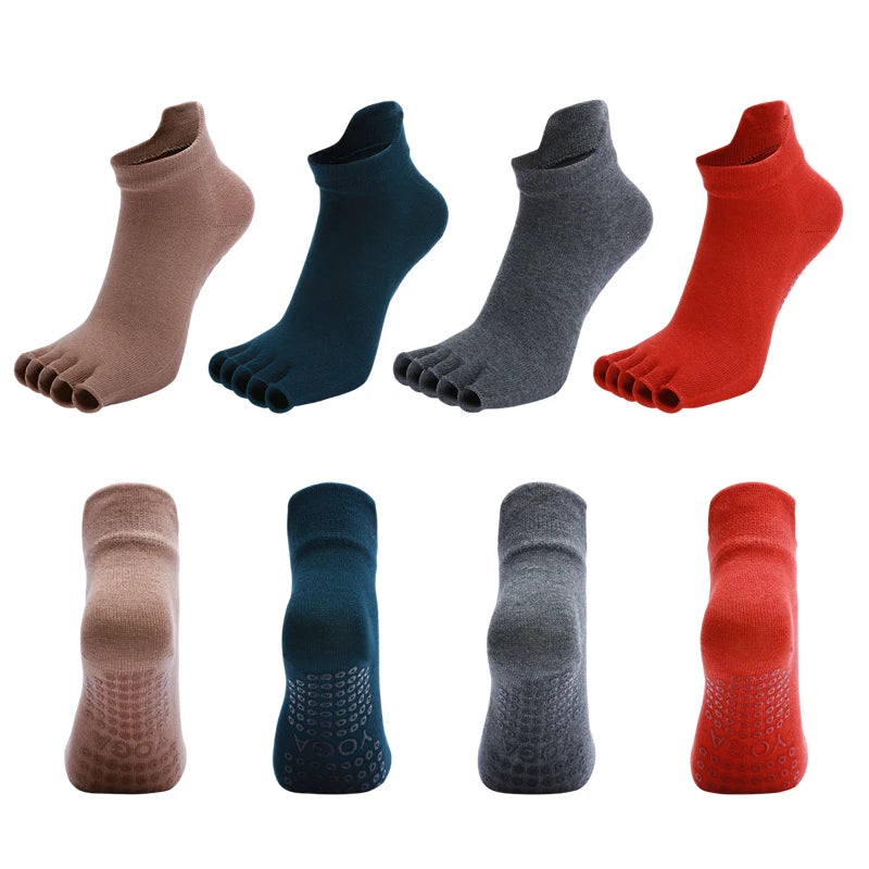 Breathable Cotton Yoga Socks with Anti-Slip Silicone Grip for Fitness Ballet Dance Gym Pilates Open Toe Five Finger Design