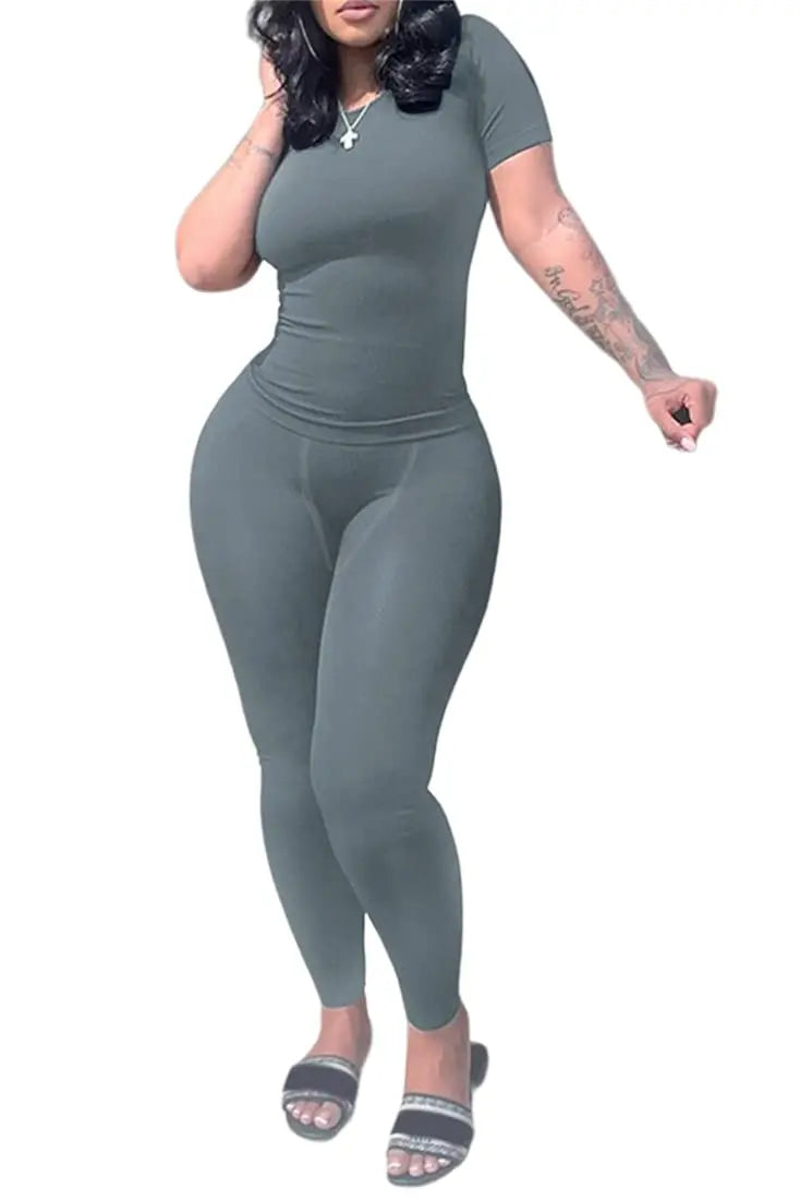 Women's Ribbed Lounge Wear 2 Piece Set Casual Summer Outfit Sleeve Top with Elastic Leggings Junior Size Eye Catching Solid Color