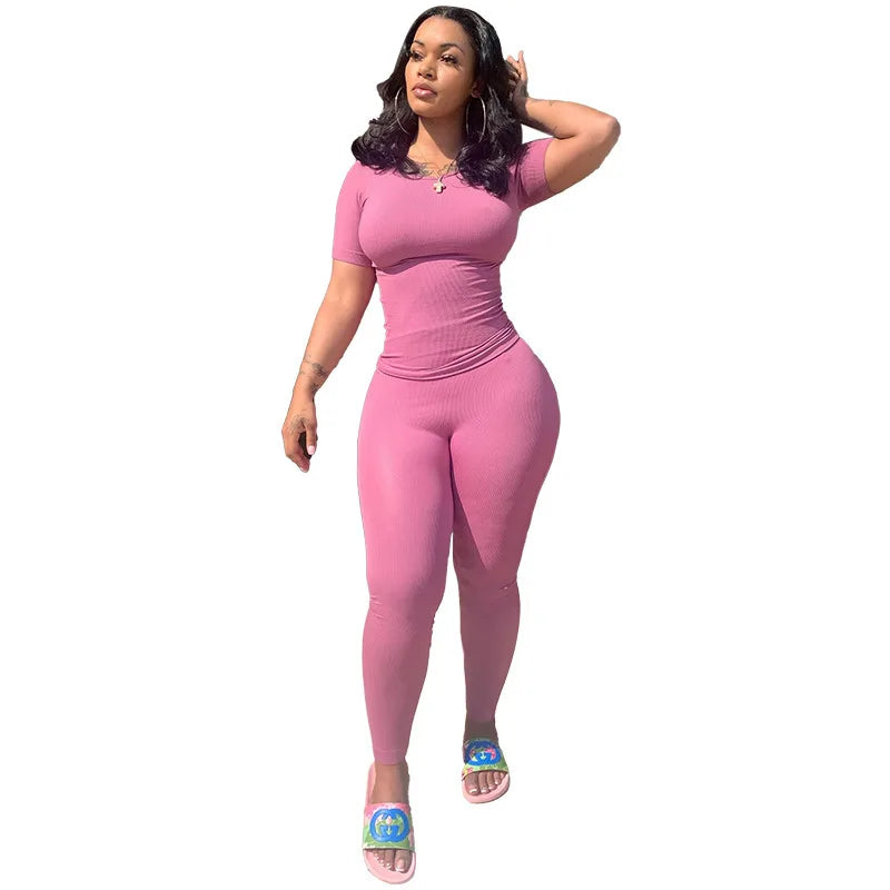 Women's Ribbed Lounge Wear 2 Piece Set Casual Summer Outfit Sleeve Top with Elastic Leggings Junior Size Eye Catching Solid Color