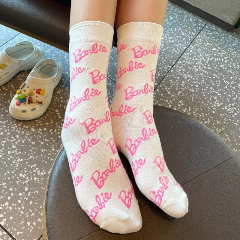 MINISO Barbie Alphabet Socks for Men Women Trendy All-Print Dopamine Sports Yoga Fitness Equipment Girls Fashion Items Keep Short Eye Catching