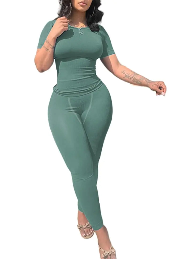 Women's Ribbed Lounge Wear 2 Piece Set Casual Summer Outfit Sleeve Top with Elastic Leggings Junior Size Eye Catching Solid Color