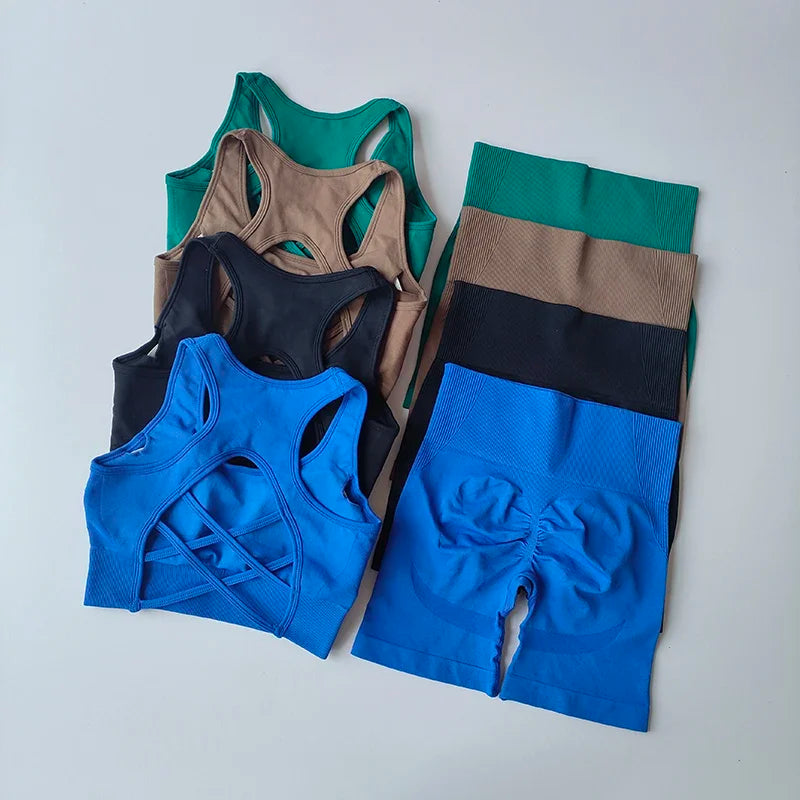 2 PCS Women's Seamless Yoga Set High-Waist Sports Shorts Sleeveless Workout Suit Fitness Gym Wear Sexy Breathable Quick Dry