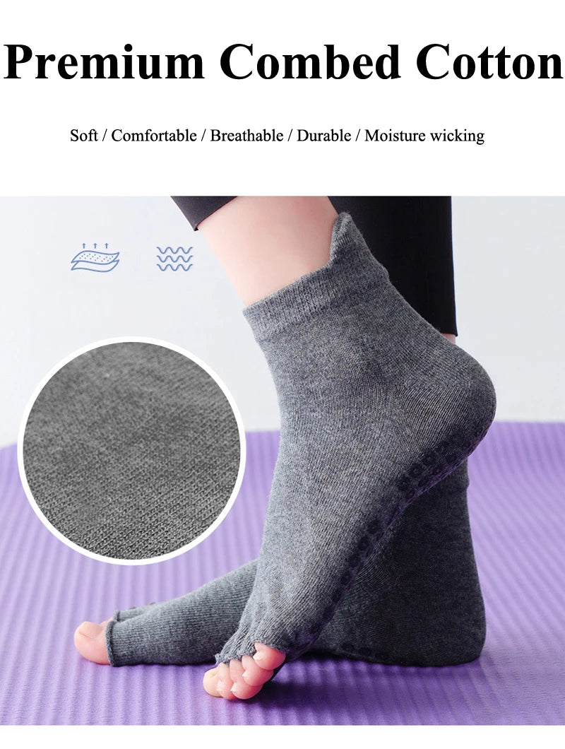 Breathable Cotton Yoga Socks with Anti-Slip Silicone Grip for Fitness Ballet Dance Gym Pilates Open Toe Five Finger Design