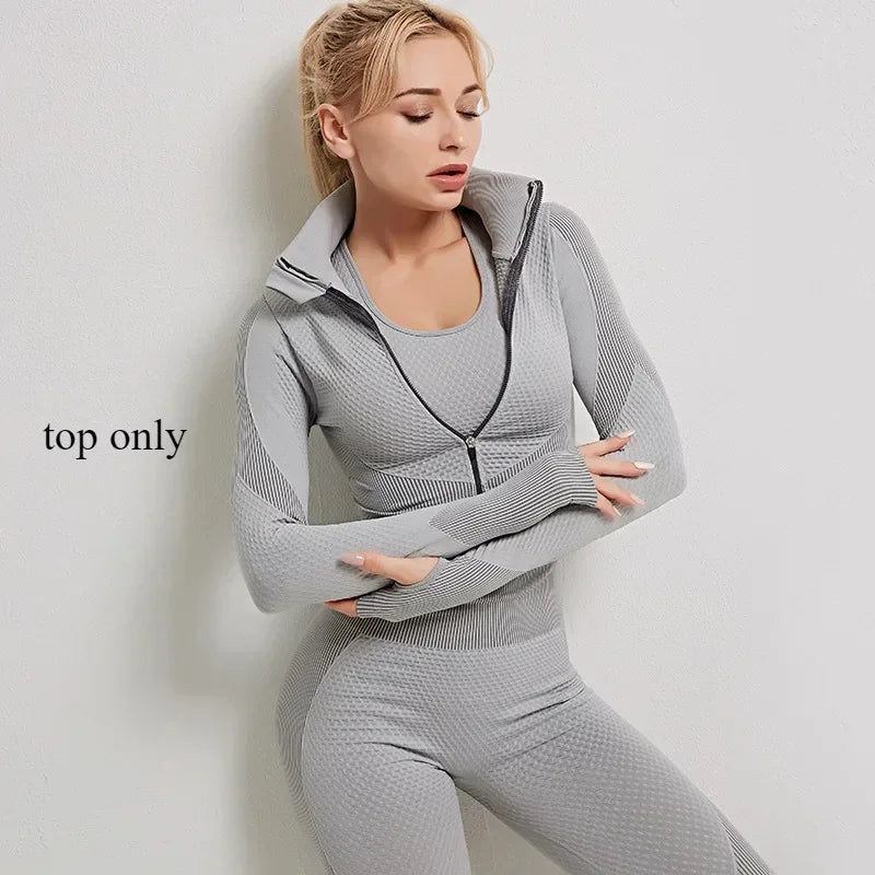 Women's Yoga Set for Gym Fitness Outfit with Zipper Long Sleeve Crop Bra Top and Leggings Separately Sold