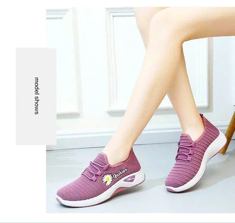 Women's Casual Sports Shoes Autumn Style Lace-Up True Fly Weaving Cloth Little Daisy Pattern Comfortable Walking Flats