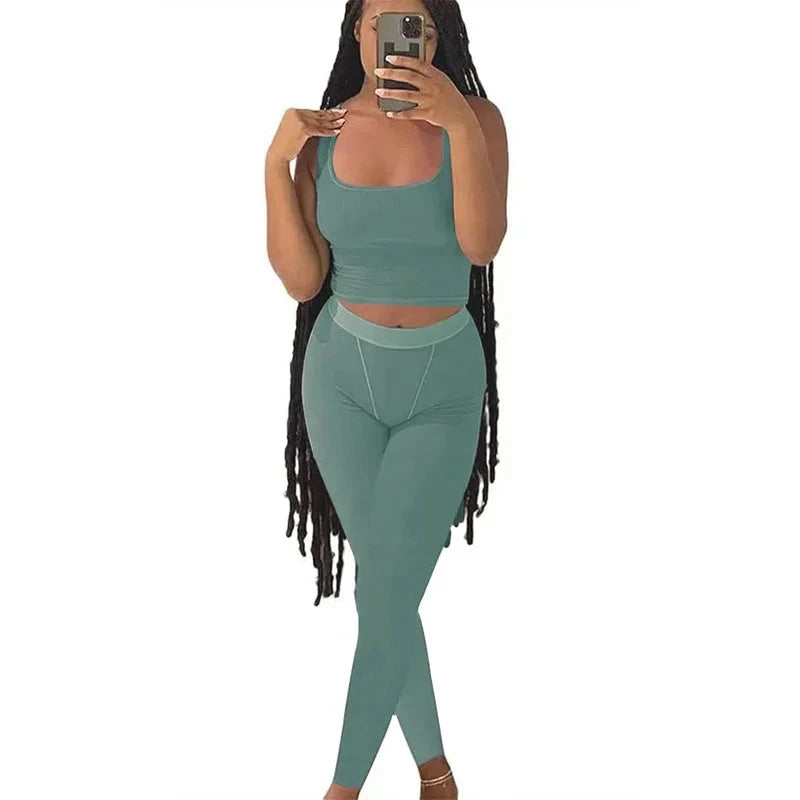 Women's Ribbed Lounge Wear 2 Piece Set Casual Summer Outfit Sleeve Top with Elastic Leggings Junior Size Eye Catching Solid Color