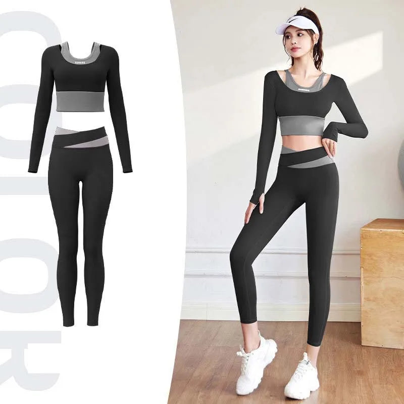 Women's Yoga Set Long Sleeve Gym Crop Top High Waist Leggings Quick Dry Breathable Pilates Fitness Sports Wear