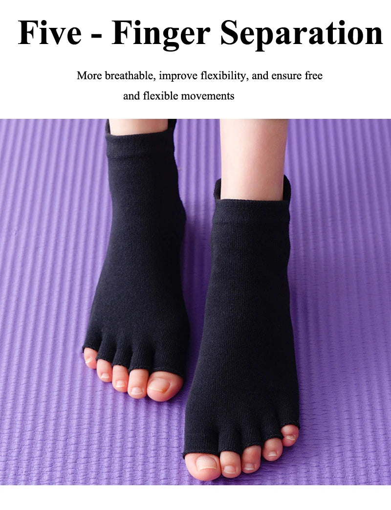 Breathable Cotton Yoga Socks with Anti-Slip Silicone Grip for Fitness Ballet Dance Gym Pilates Open Toe Five Finger Design