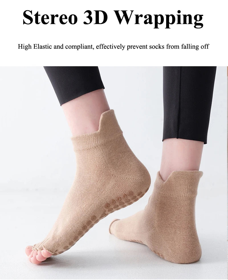 Breathable Cotton Yoga Socks with Anti-Slip Silicone Grip for Fitness Ballet Dance Gym Pilates Open Toe Five Finger Design