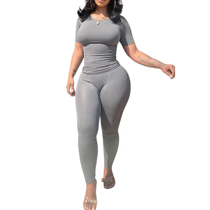 Women's Ribbed Lounge Wear 2 Piece Set Casual Summer Outfit Sleeve Top with Elastic Leggings Junior Size Eye Catching Solid Color