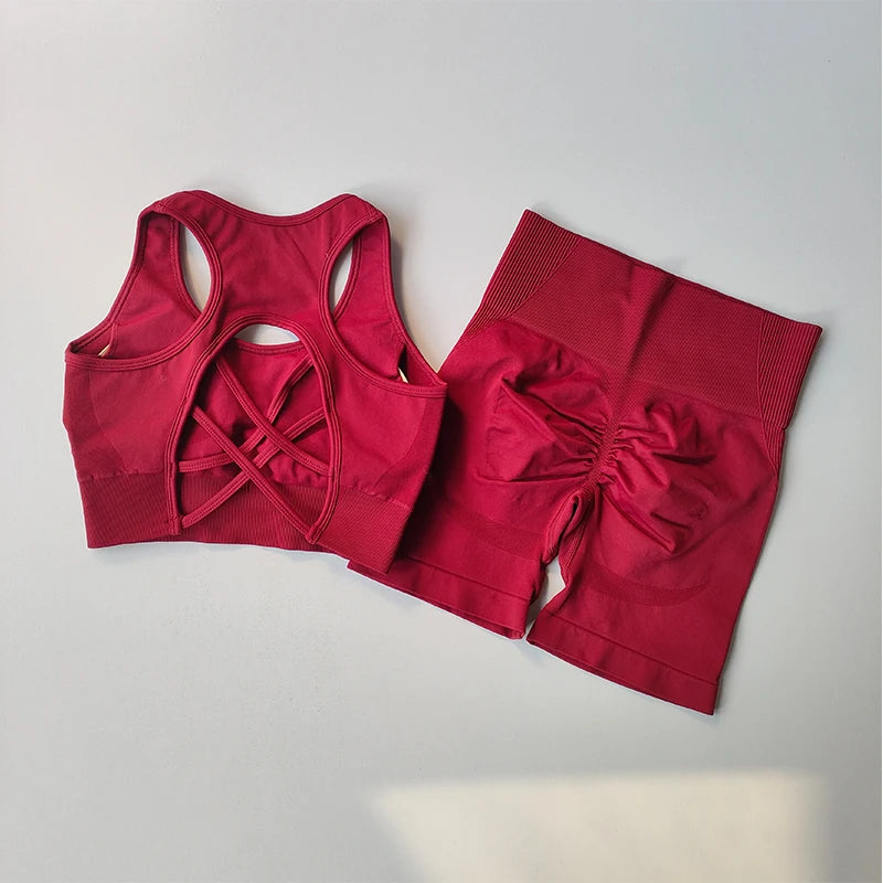 2 PCS Women's Seamless Yoga Set High-Waist Sports Shorts Sleeveless Workout Suit Fitness Gym Wear Sexy Breathable Quick Dry