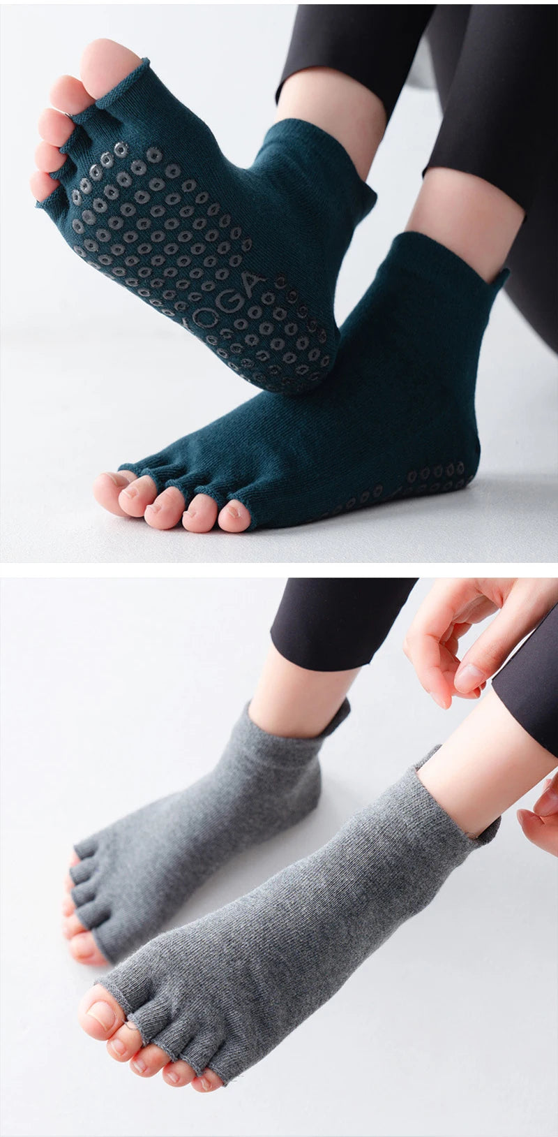 Breathable Cotton Yoga Socks with Anti-Slip Silicone Grip for Fitness Ballet Dance Gym Pilates Open Toe Five Finger Design