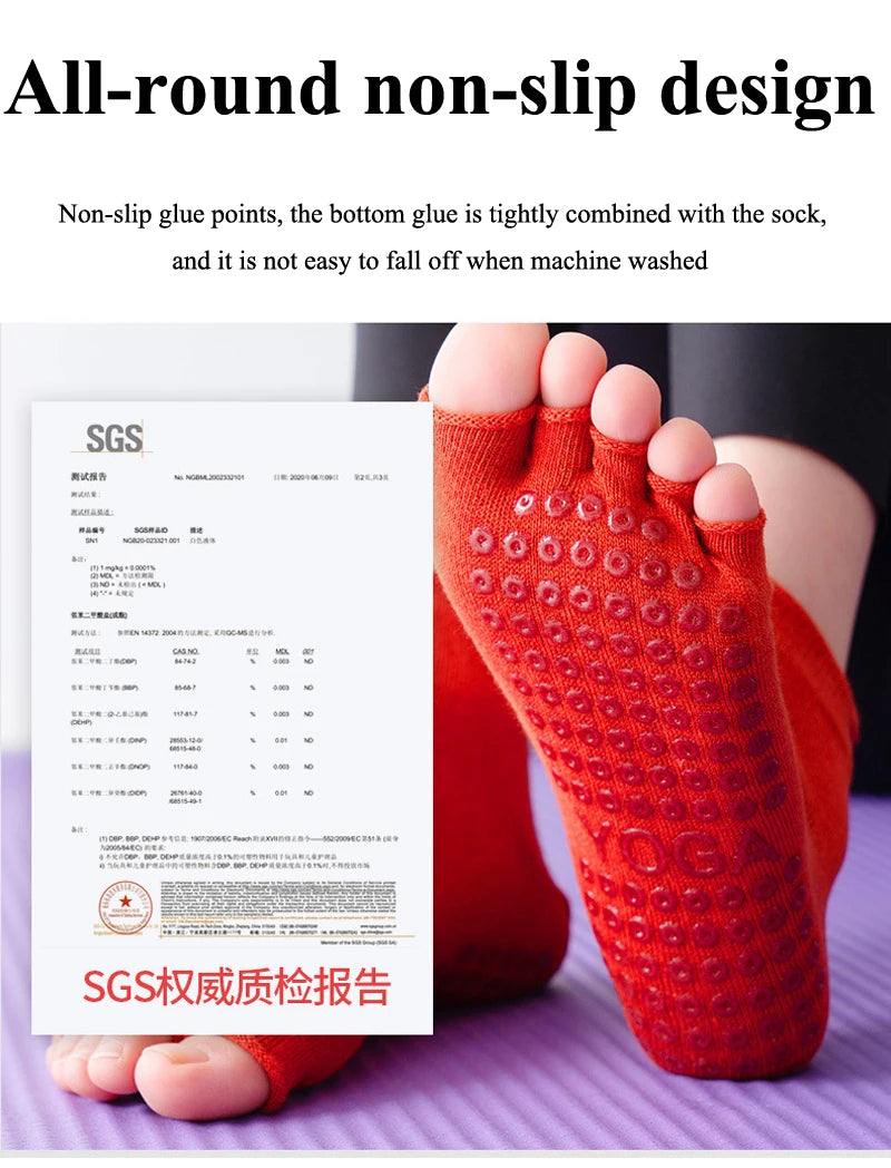 Breathable Cotton Yoga Socks with Anti-Slip Silicone Grip for Fitness Ballet Dance Gym Pilates Open Toe Five Finger Design