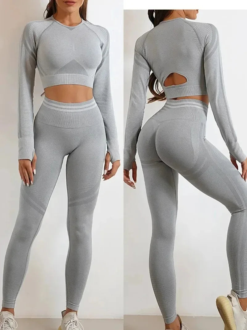 Women's Yoga Clothing Set Long Sleeve Leggings Pants for Gym Fitness Tracksuit Active Wear Workout Clothes