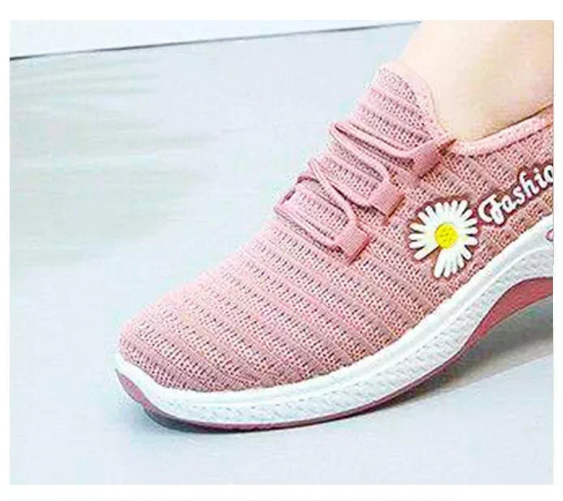 Women's Casual Sports Shoes Autumn Style Lace-Up True Fly Weaving Cloth Little Daisy Pattern Comfortable Walking Flats