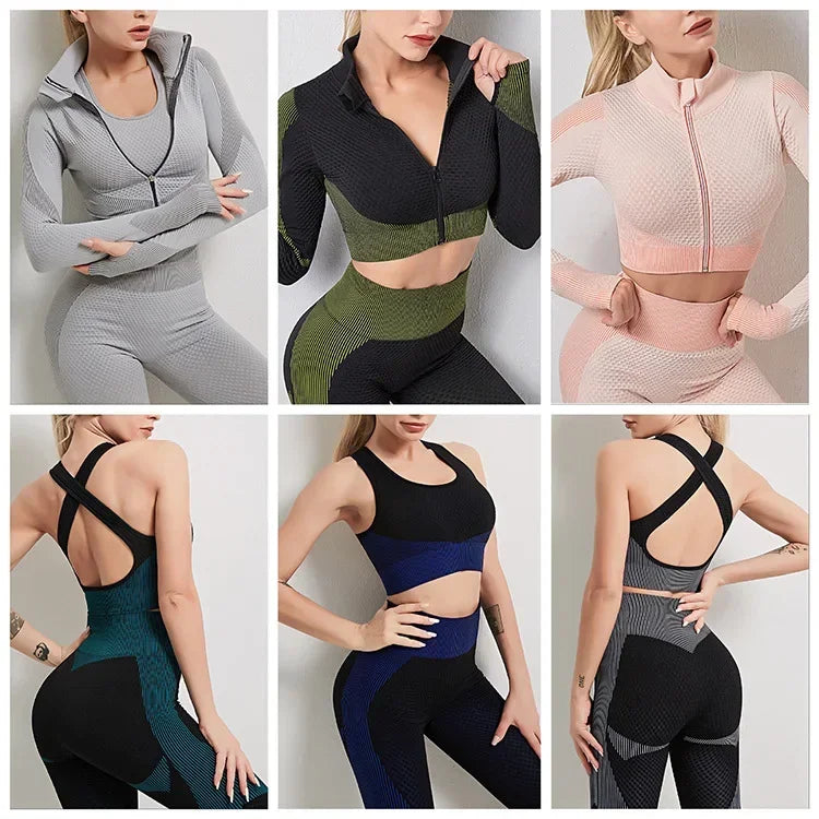 Women's Yoga Set for Gym Fitness Outfit with Zipper Long Sleeve Crop Bra Top and Leggings Separately Sold
