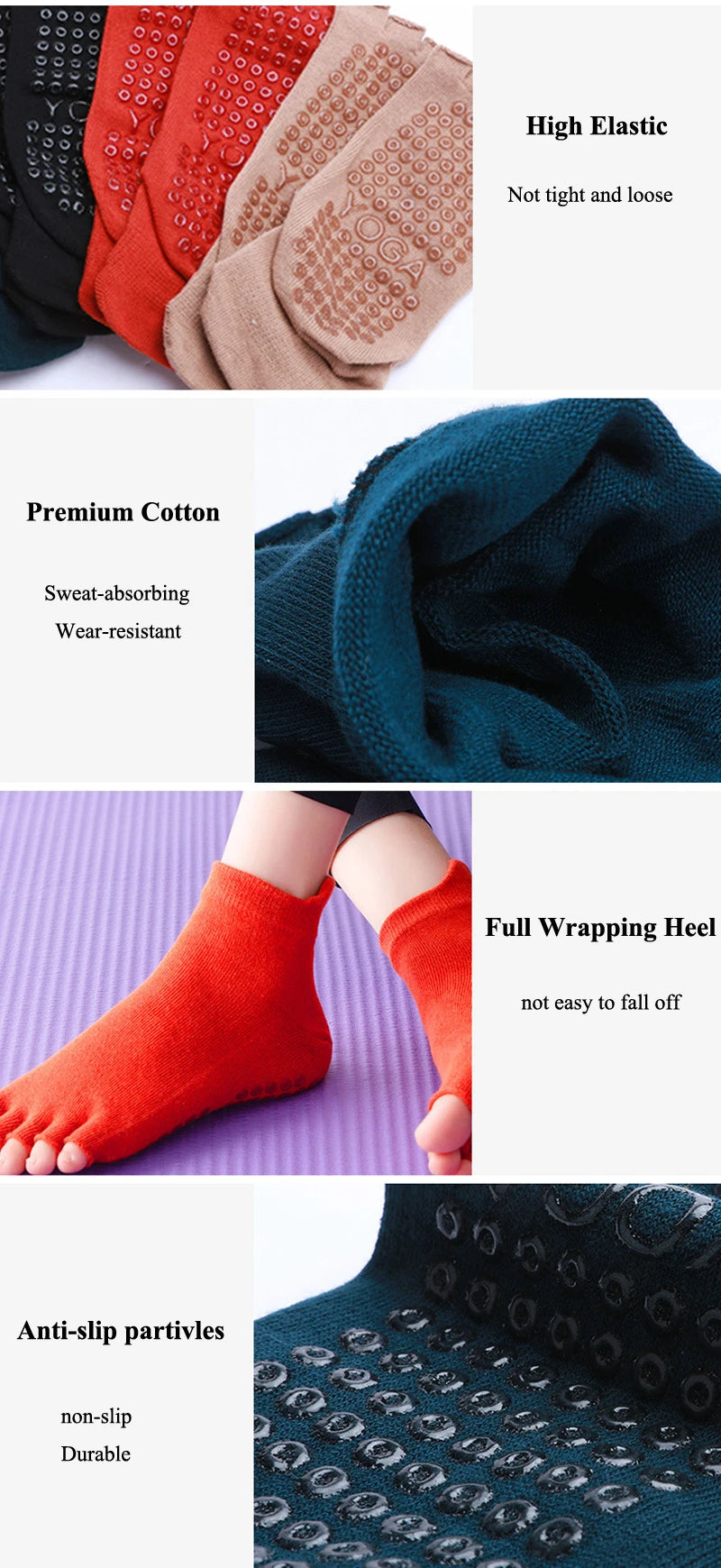 Breathable Cotton Yoga Socks with Anti-Slip Silicone Grip for Fitness Ballet Dance Gym Pilates Open Toe Five Finger Design