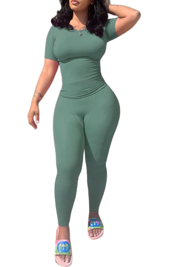 Women's Ribbed Lounge Wear 2 Piece Set Casual Summer Outfit Sleeve Top with Elastic Leggings Junior Size Eye Catching Solid Color