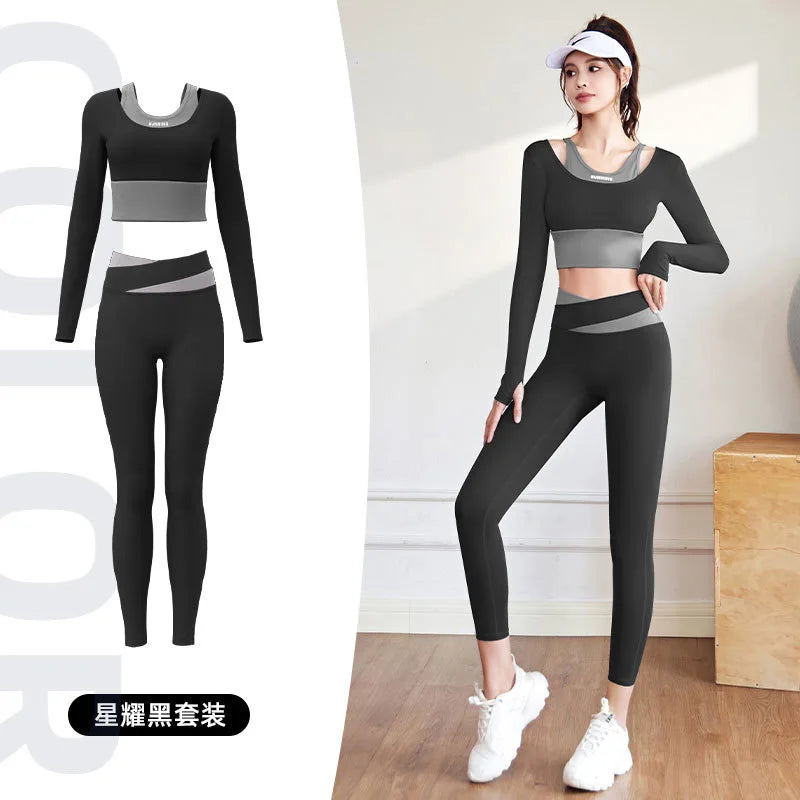 Women's Yoga Set Long Sleeve Gym Crop Top High Waist Leggings Quick Dry Breathable Pilates Fitness Sports Wear