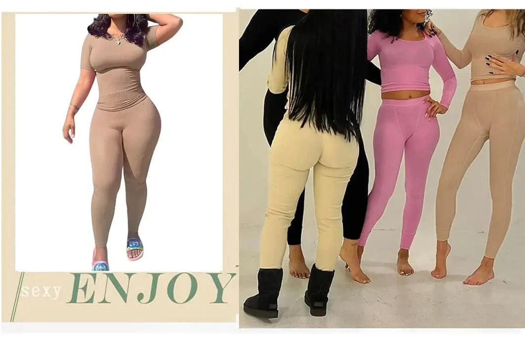 Women's Ribbed Lounge Wear 2 Piece Set Casual Summer Outfit Sleeve Top with Elastic Leggings Junior Size Eye Catching Solid Color