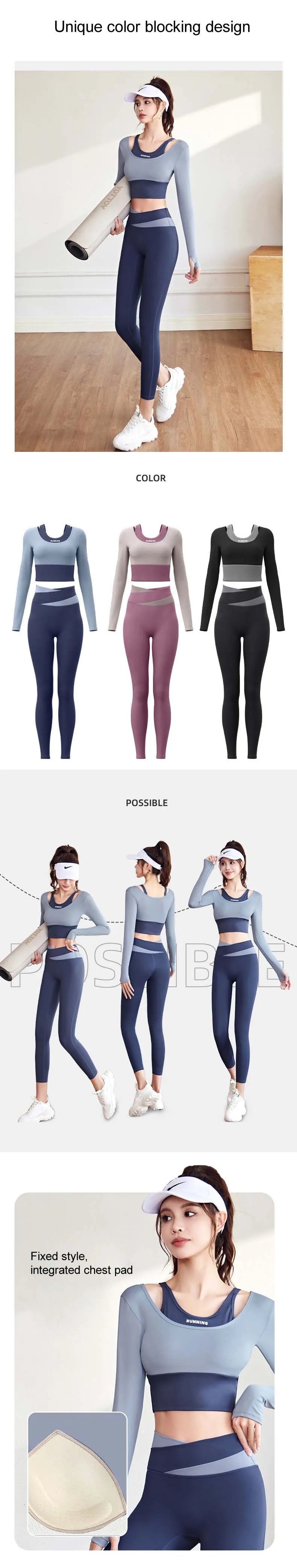 Women's Yoga Set Long Sleeve Gym Crop Top High Waist Leggings Quick Dry Breathable Pilates Fitness Sports Wear
