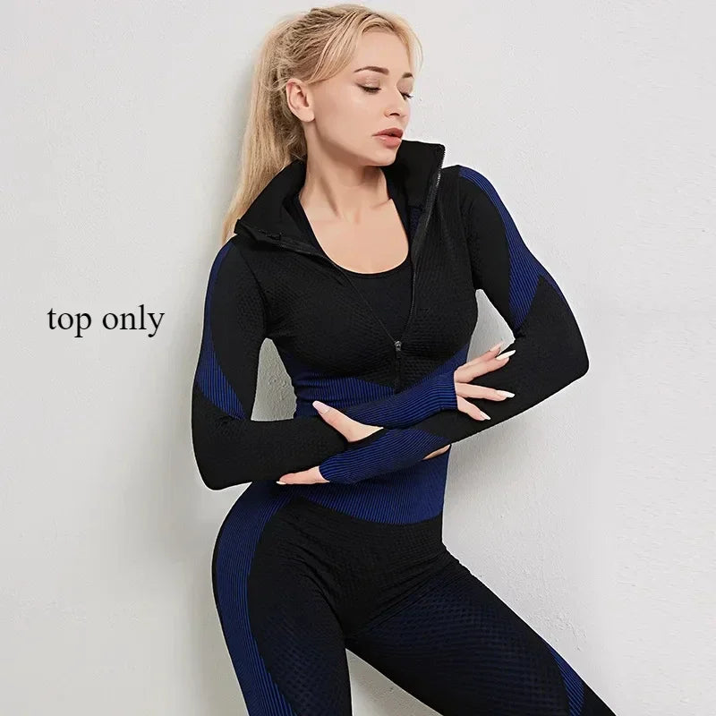 Women's Yoga Set for Gym Fitness Outfit with Zipper Long Sleeve Crop Bra Top and Leggings Separately Sold