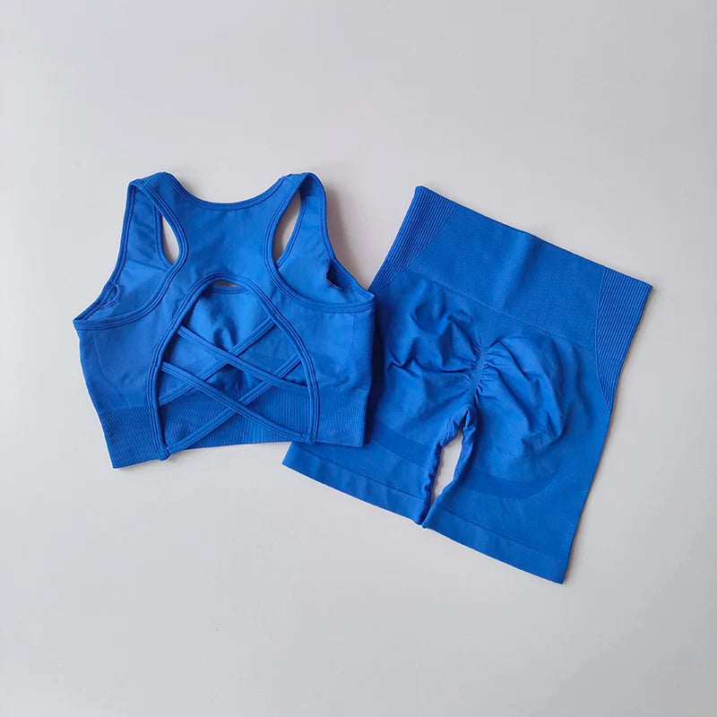 2 PCS Women's Seamless Yoga Set High-Waist Sports Shorts Sleeveless Workout Suit Fitness Gym Wear Sexy Breathable Quick Dry