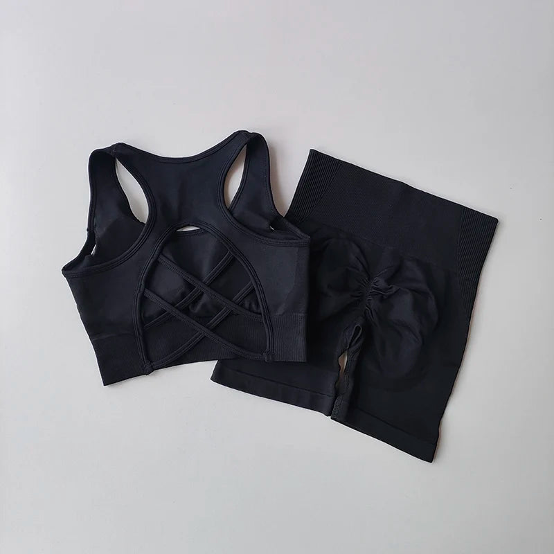 2 PCS Women's Seamless Yoga Set High-Waist Sports Shorts Sleeveless Workout Suit Fitness Gym Wear Sexy Breathable Quick Dry
