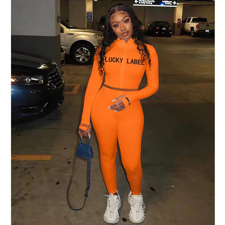 Women's High-Necked 2-Piece Sport Suit with Embroidered Letters And Zipper Casual Polyester Pant Set